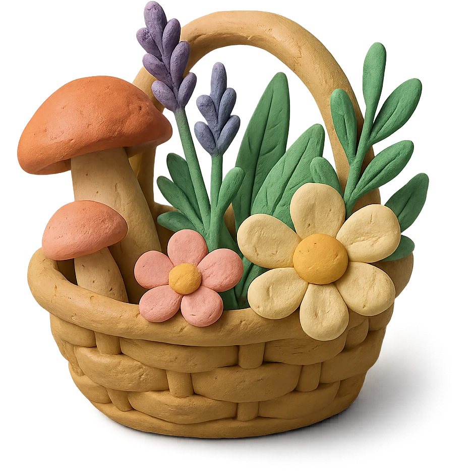 basket full of forest goodies including mushrooms, herbs, flowers in soft pastel colors, claymation style with matte plasticine texture and visible fingerprints emoji
