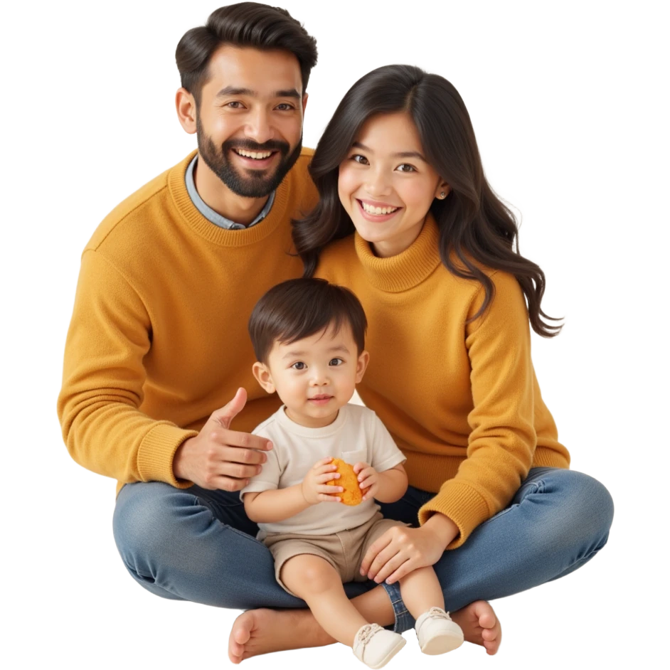 closeup shot of a smiling family (parents and two children) with realistic textures and soft lighting in skeuomorphism style emoji