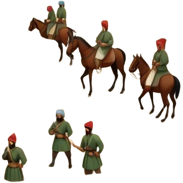 Early Ottoman settlement being built. Wooden houses, tents, and a small market. People in traditional Ottoman clothes, soldiers on horseback, and a flag waving emoji