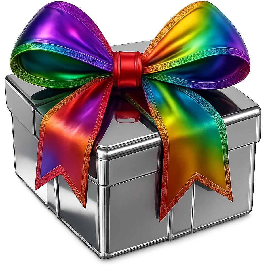 Make the bow on the reflective chrome present colorful while keeping the box highly polished, no background. emoji