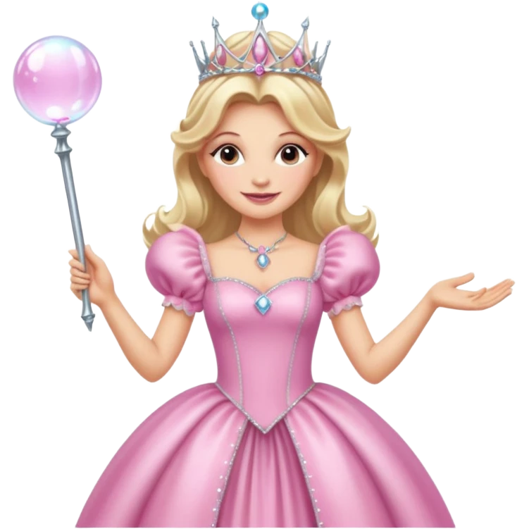 glinda the good witch from wicked movie, blonde hair, beautiful, big silver thin tiara, bubble wand, pink gown emoji