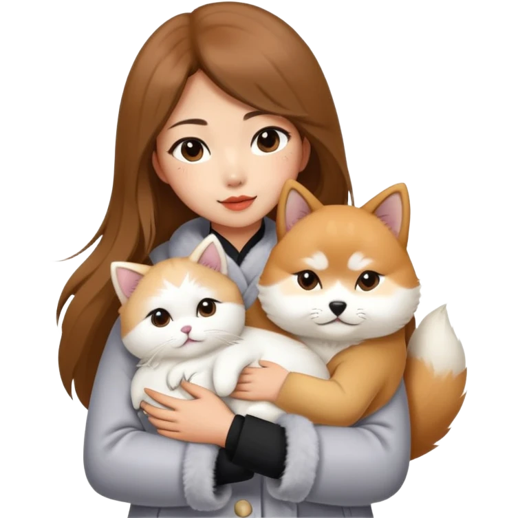 A Chinese fashion girl with brown hair, wearing a light gray fur coat, hugging a Shiba Inu and a long-haired white Persian cat. emoji