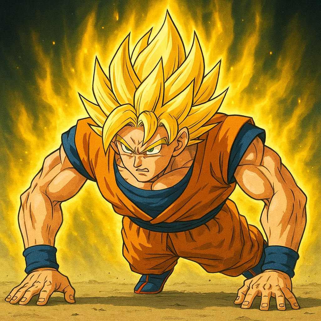 Edit the image of Goku from Dragon Ball Z doing push ups to depict him as Super Saiyan with glowing golden hair and a radiant golden aura, maintaining the same style as the original image. emoji