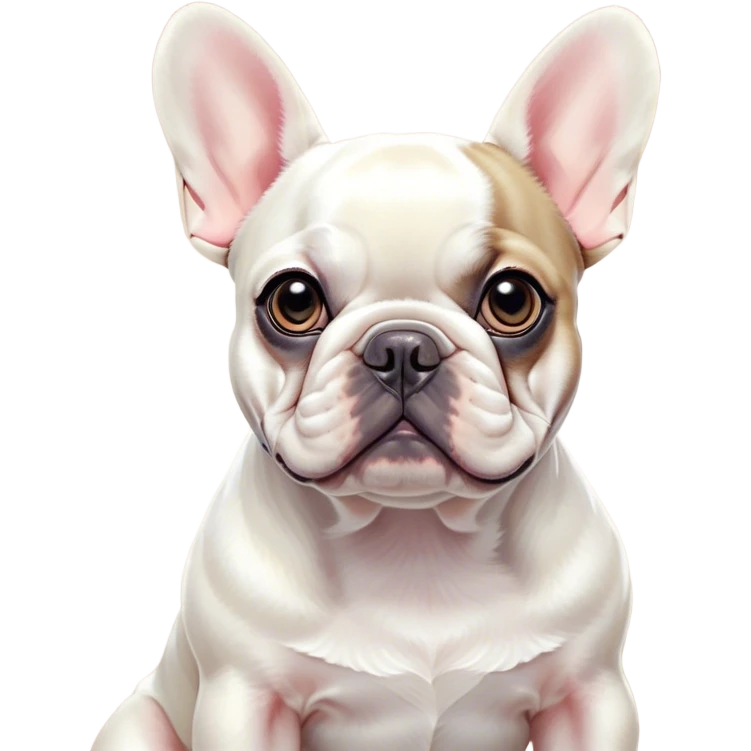 Cinematic Noble Pied French Bulldog Portrait Emoji, Radiating regal yet playful charm, with a distinctive pied fur of contrasting hues and a sculpted, expressive face featuring gentle, wise eyes and a confident stance, simplified yet artistically detailed, glowing with a soft, sophisticated radiance, high shine, exuding intelligent nobility and refined flair, soft glowing outline, capturing the essence of a noble Pied French Bulldog that embodies both strength and grace! emoji