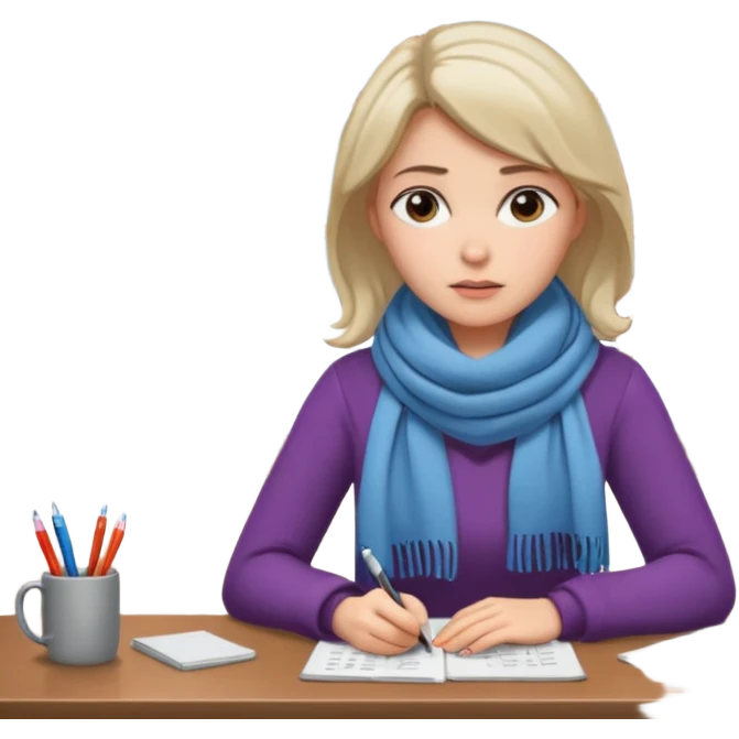 Person sitting at desk, looking tired, winter outside, woman  emoji