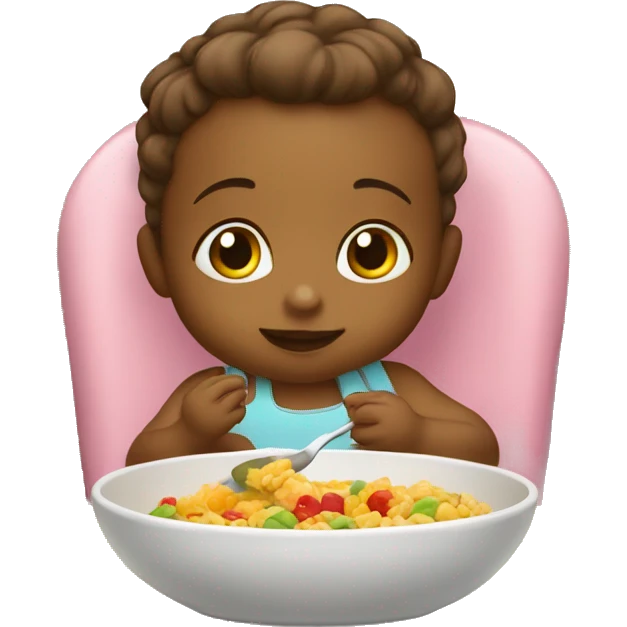 A baby in the kids chair eating helsi food  by the table  emoji