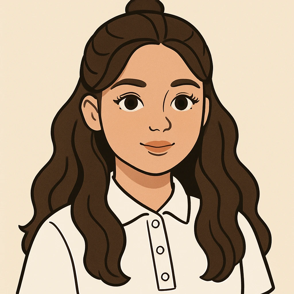 girl with a round face, long wavy brown hair in a half up half down style, brown eyes with long lashes, wearing a white button up polo, clean modern illustration style emoji