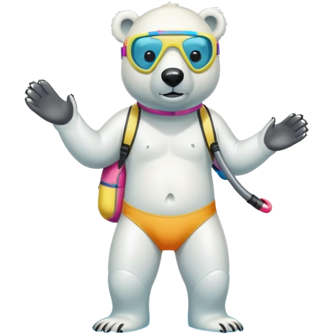 friendly anthropomorphised polar bear standing in a small puddle, wearing colorful board shorts, scuba mask over eyes, snorkel tube attached emoji