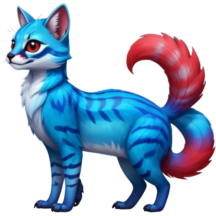 Cute kawaii cool edgy badass  vibrant cyan-cobalt-blue-to-crimson-red gradient-colored iridescent glossy fur  fantasy-caracal-civet-genet-sergal-vernid-Gryphon-Cacomistle-Trico-oncilla-animal-Fakémon-hybrid-fursona (full body), facial markings, (realism style) emoji