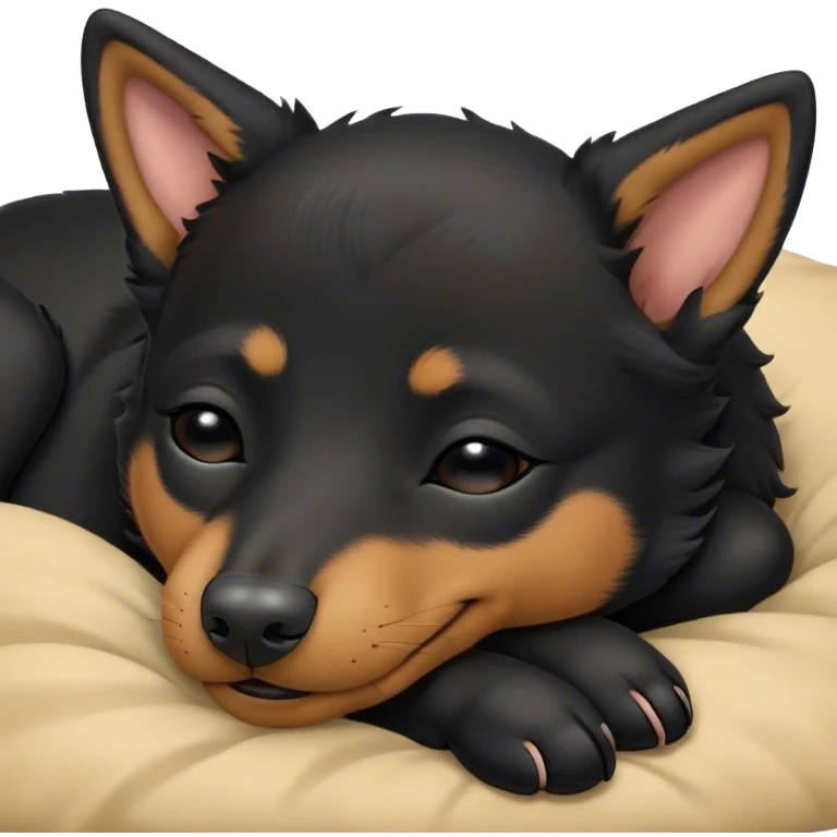 Meme-Worthy Cute Sleeping Black and Tan Kelpie Portrait Emoji, Head resting peacefully with a contented smile, showcasing a delightfully agile build and a luxuriously soft black and tan Fur, eyes shut in a serene nap, Simplified yet hilariously adorable features, highly detailed, glowing with a soft, drowsy light, high shine, relaxed and utterly lovable, stylized with an air of playful laziness, bright and heartwarming, soft glowing outline, capturing the essence of a comically sleepy herder, so meme-worthy it feels like it could instantly become the next viral sensation of adorable slumber! emoji