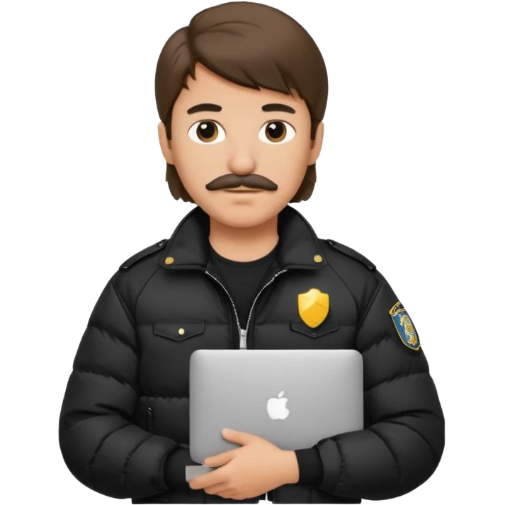 generate an ios genmoji of a 20 year old boy with shoulder length hair and a mullet. cop mustache. carrying a macbook and wearing a puffer jacket emoji