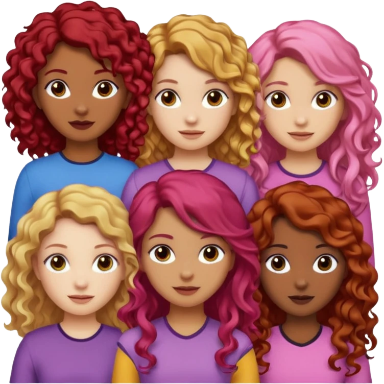 5 girlsone curly redhead, one with brunette dyed blonde hair, one long haired wavy brunette, one mid-length haired brunette, and one black haired girl with partially dyed bright red/pink hair emoji