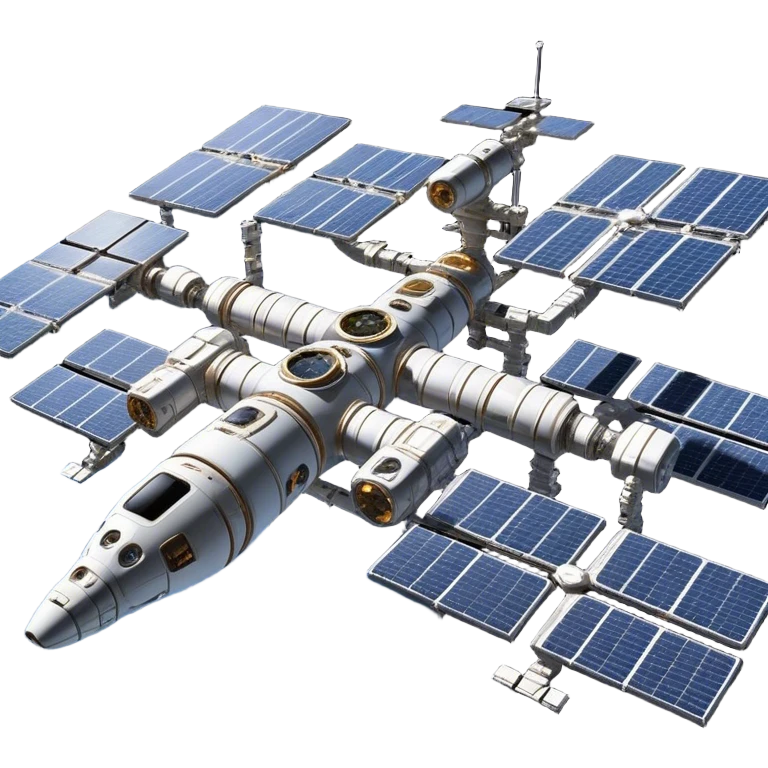  Cinematic Realistic Space Station – A highly detailed, sprawling orbital station with complex solar panels and intricate docking modules. The metallic structure glows faintly from reflected sunlight, with the curvature of Earth and the deep blackness of space in the background. emoji