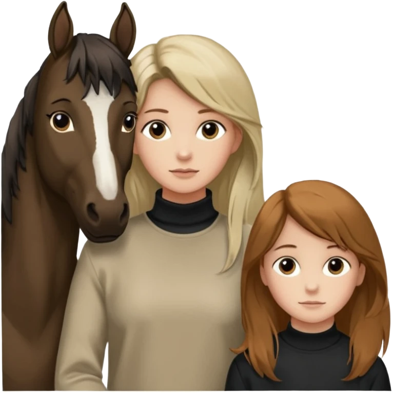 Ein braunhaariges Mädchen mit langen glatten Haaren und sitzend auf einem Braunen Pferd mit schwarzer Mähne ohne Abbzeichen emoji