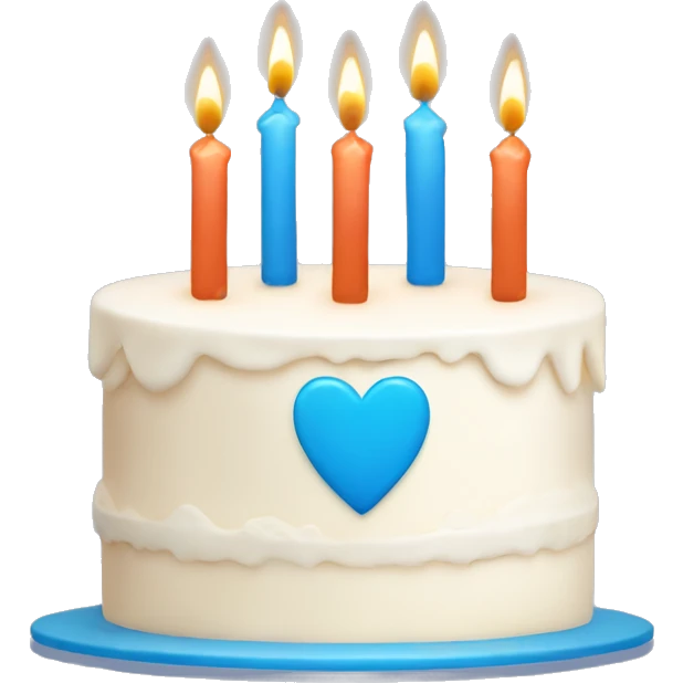 “A white cake with candles, decorated with blue heart-shaped designs, minimalistic and in a flat, emoji-like style emoji
