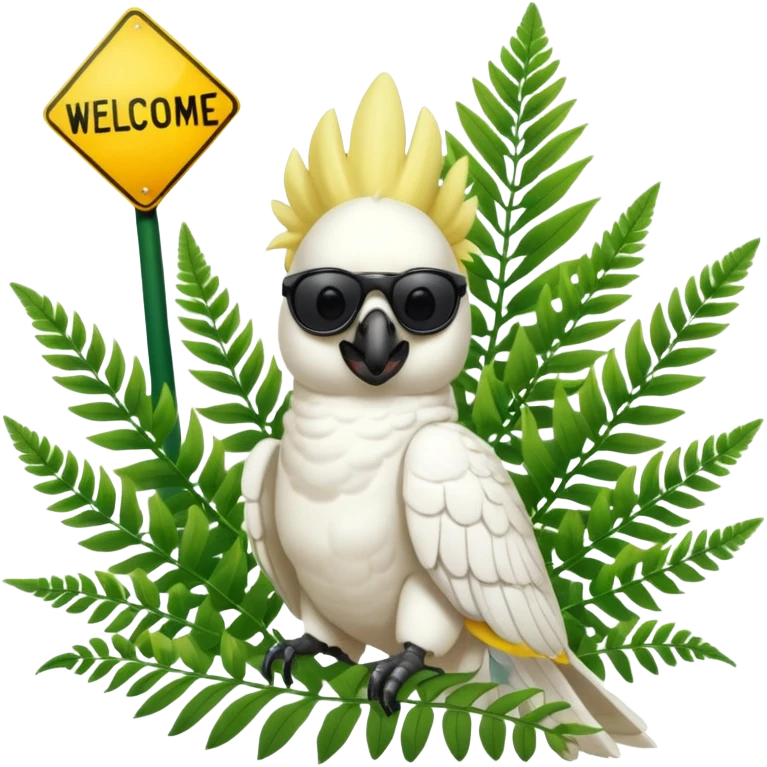 sulfer crested cockatoo wearing sunglasses sitting in a green fern tree with an australian street sign saying 'welcome to cockatoo' emoji
