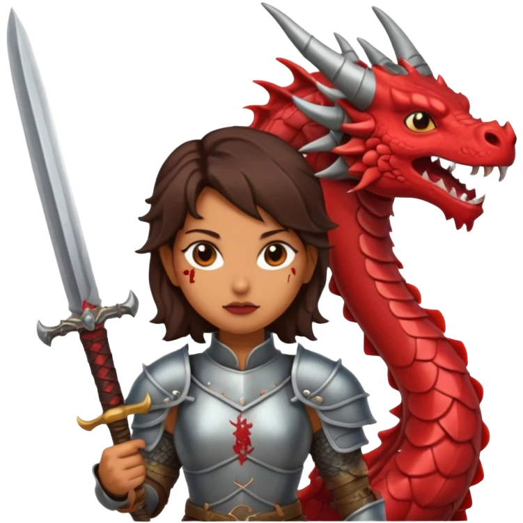 Fierce Latina in armor with a sword after a battle cutting off the head of a dragon emoji
