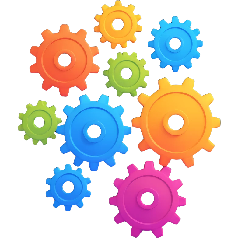 connected people icons, network symbol, interlocking gears, subtle gradients, friendly expression emoji
