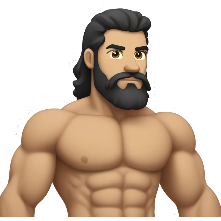 tan white man with long brown hair and a thick black beard with muscles and abs, drinking a protein shake emoji