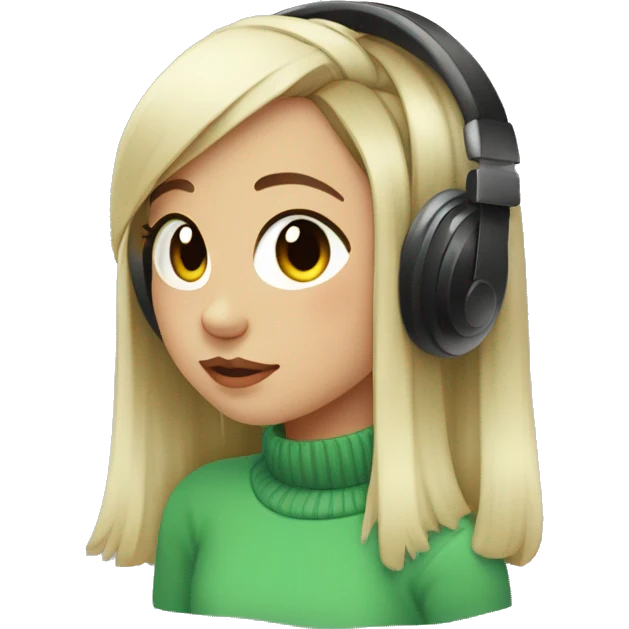 white lofi girl with green long sleeves sweater, black ponytail and red headphones  emoji