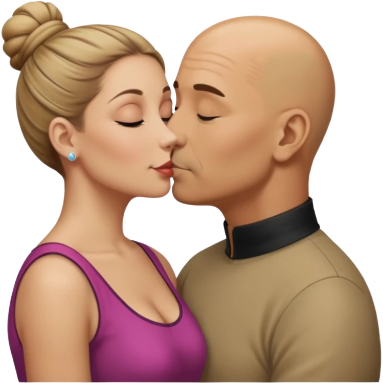 Mid aged Hispanic bald man kissing mid aged dark blonde white woman. She’s wearing a bun. emoji