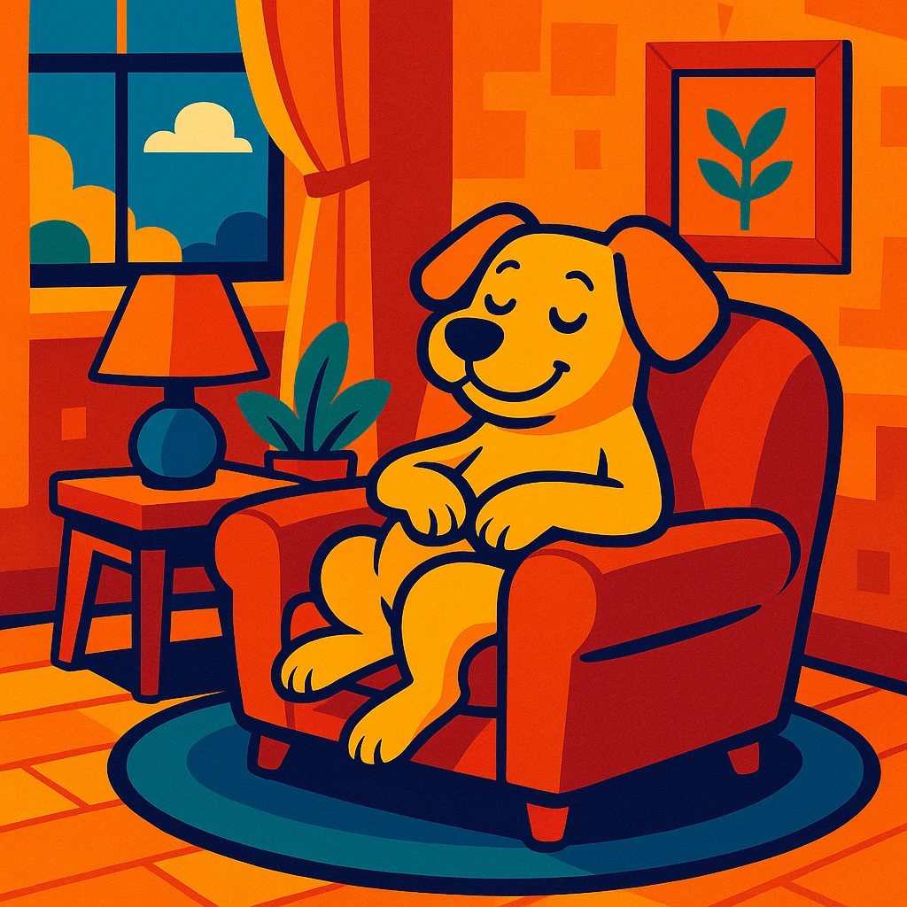 a dog relaxing in a cozy room, vibrant cartoon style emoji