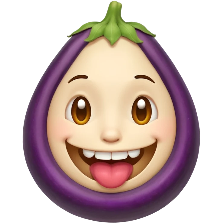 An ashamed, smiling round face emoji with a huge eggplant in mouth. emoji