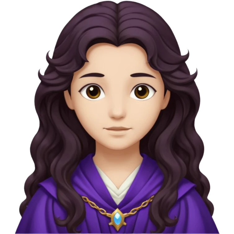 Libera from Olympus Gods with long dark brown wavy hair, dark purple stola emoji