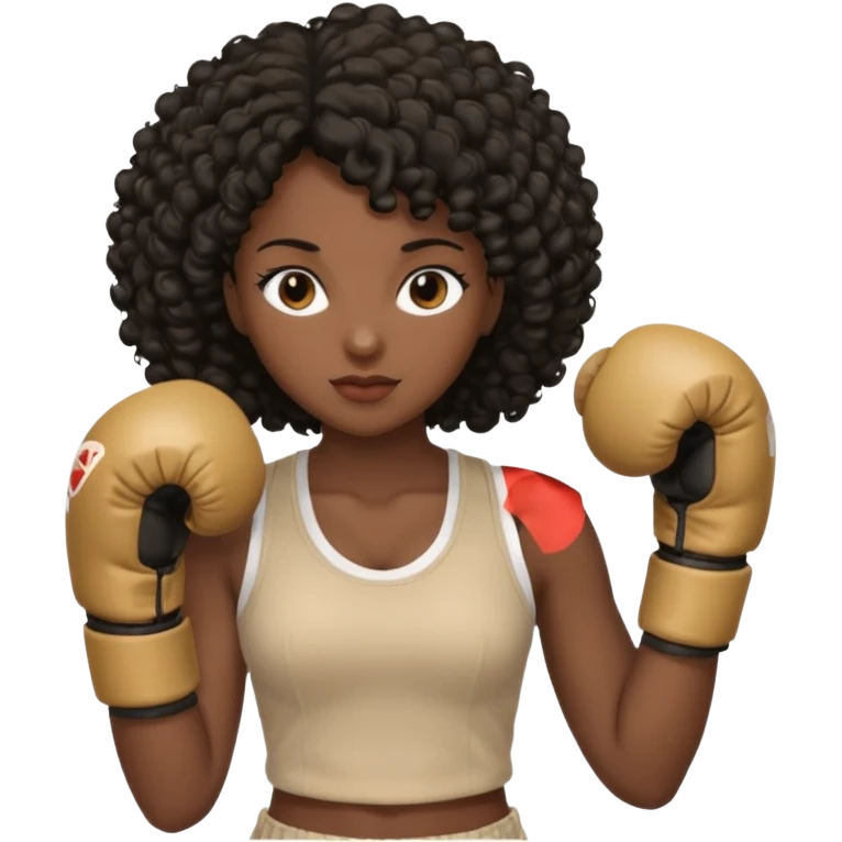 Black lady with curly black hair with beige clothes using beige boxing gloves emoji