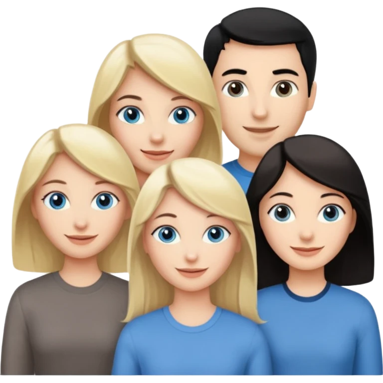 Blond woman with blue eyes on left. And a Man with black hair and grey eyecolor in the middle. And a blank woman with brown hair and grey eyes on the right. Happy together emoji