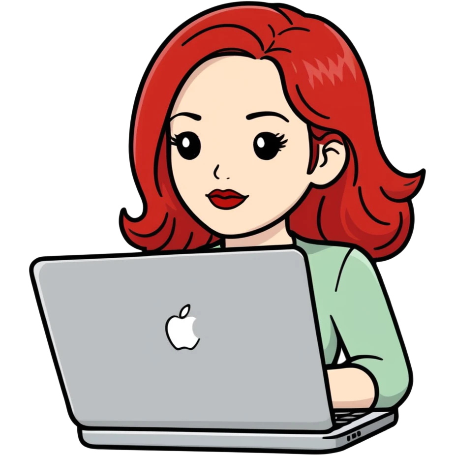 white-skinned red-haired woman with middle-parted red hair, red lipstick, using a MacBook emoji