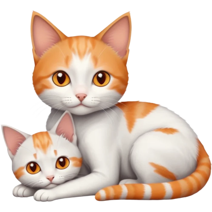 full body of very small + skinny ginger and white kitten with deep orange eyes and triangular shaped face lying down cuddling a grey and white kitten who is a bit bigger than him emoji