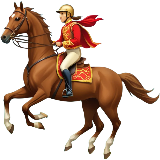 An icon showcasing a majestic horse and rider in full gallop across a lush green field. The background features a clear sky, distant mountains, and a vibrant landscape. The rider wears traditional gear, while the horse leaps with grace and power. Transparent background emoji