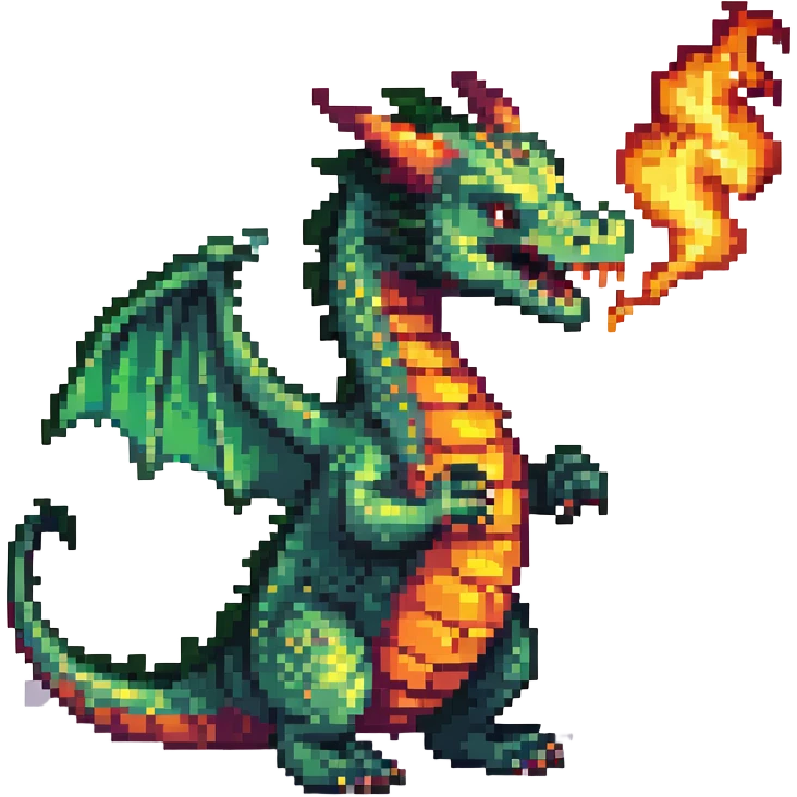 pixel art dragon, green scales, breathing fire emoji