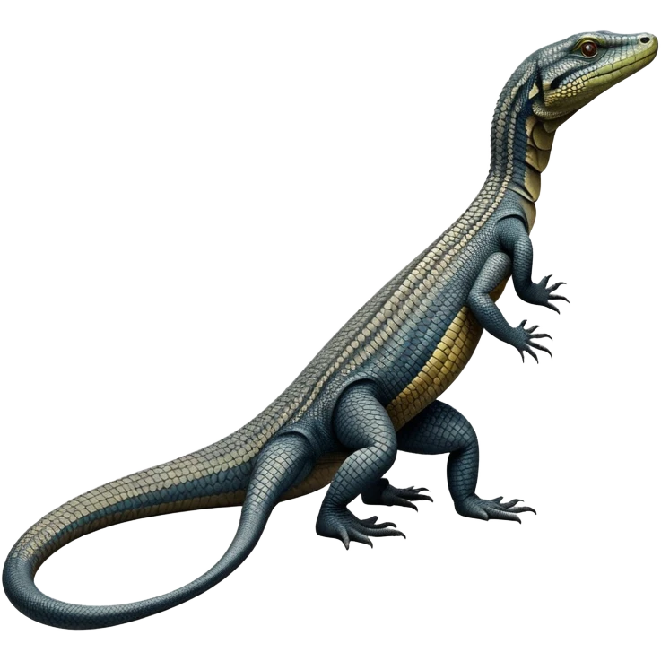 cinematic-monitor-lizard-realistic-full-body-standing on all fours-emoji,-long-powerful-tail-dragging-slightly-behind,-sleek-scaled-body-textured-with-rich-patterns and stripes,-head-tilted-dramatically,-dark-intense-eyes-observing-its-surroundings,-simplified-yet-realistic-focused-features,-highly-detailed,-glowing-with-an-almost-sarcastic-glow emoji