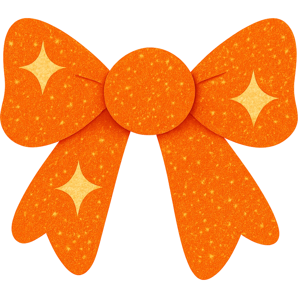 Make the sparkling bow orange with glitter details, playful and stylish, no background. The style should be playful and stylish with vibrant glitter details and a sparkling effect. emoji