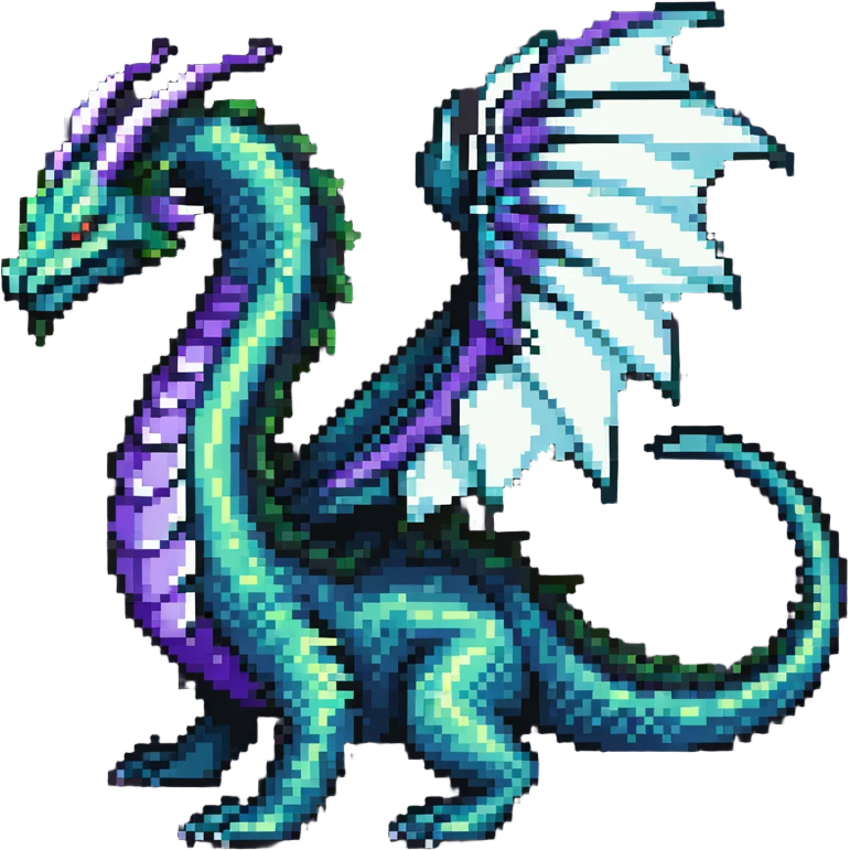fantasy wyrm, serpentine body, big wings, long tail, shimmering green, blue, and purple colors emoji