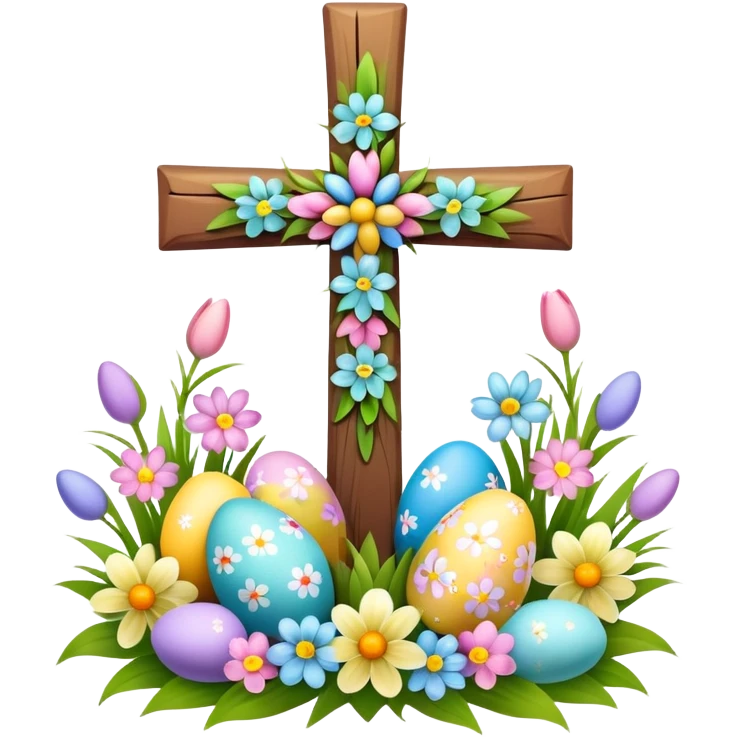 Easter cross decorated with spring flowers and Easter eggs emoji