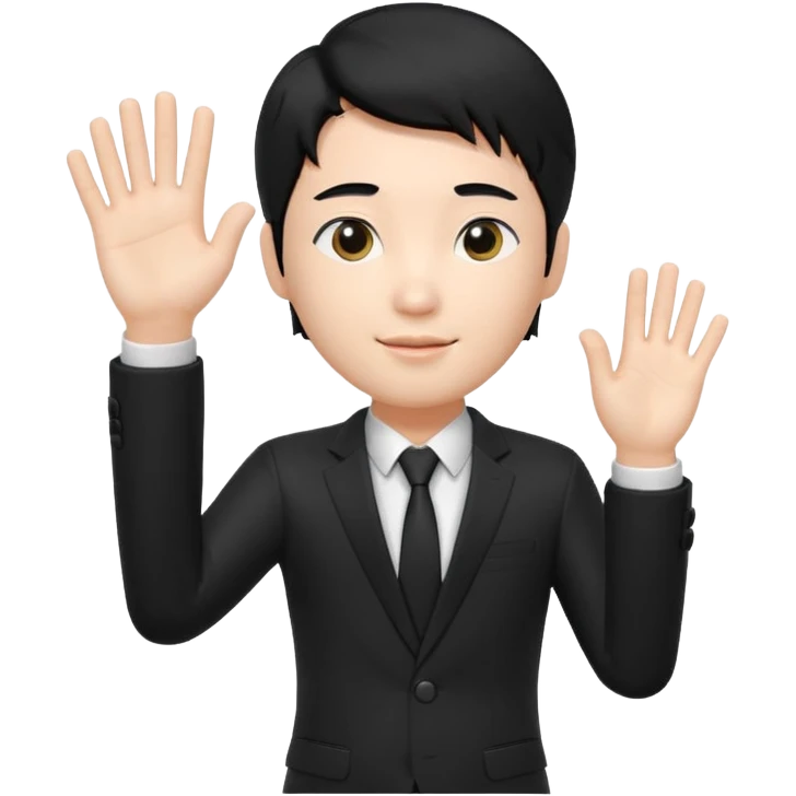 귀엽게 생긴 검정머리 피부하얀 한국 남자, 상반신 다 보이고, 한손 흔들고 있음, 검정색 정장, 흰색 와이셔츠 3D 생성 emoji