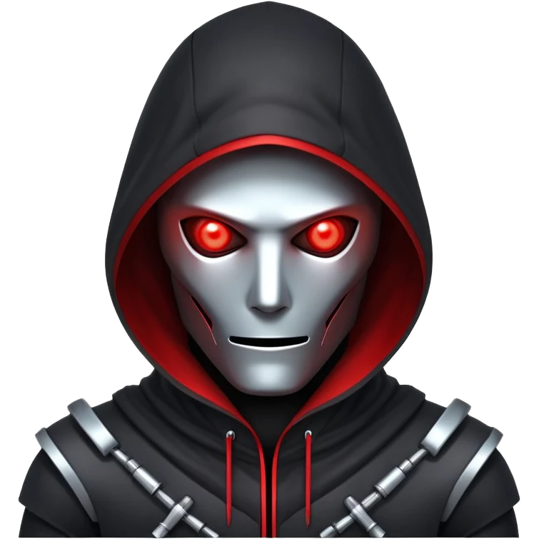 Evil robot hacker with glowing red eyes, dark hood, binary code, sinister expression emoji