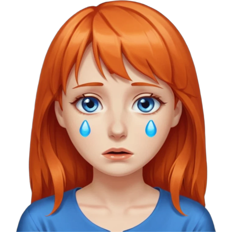 A woman with dark orange hair and bangs, blue eyes, an asmr streamer, crying, emoji