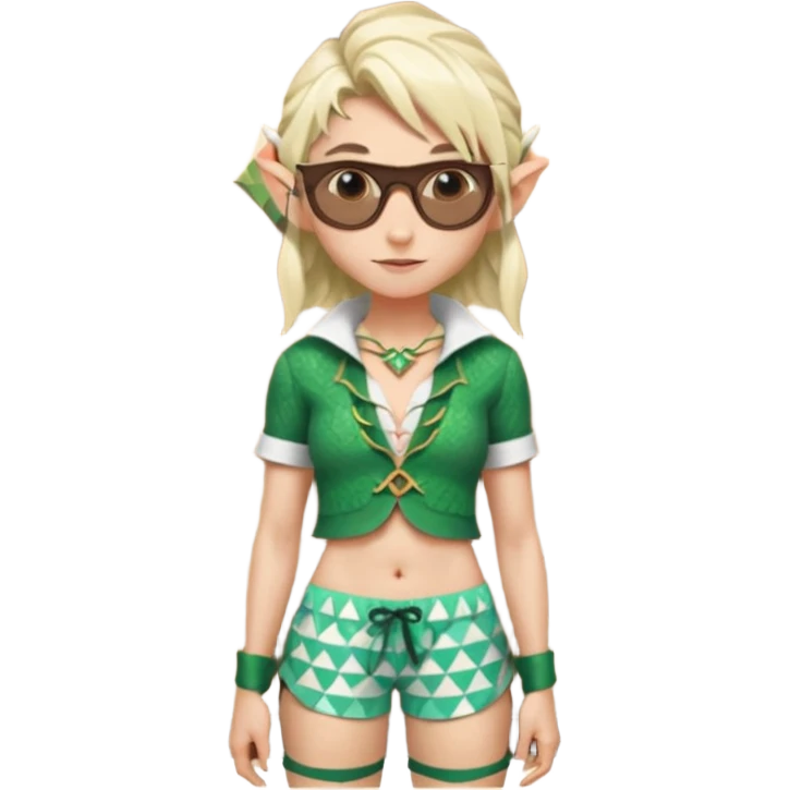 elf female legolas portrait, patterned board shorts (geometric/abstract), unique wooden-framed sunglasses, undercut hairstyle, slight smirk, visible pointy ears, no background, centered emoji, hipster summer vibe coctails emoji