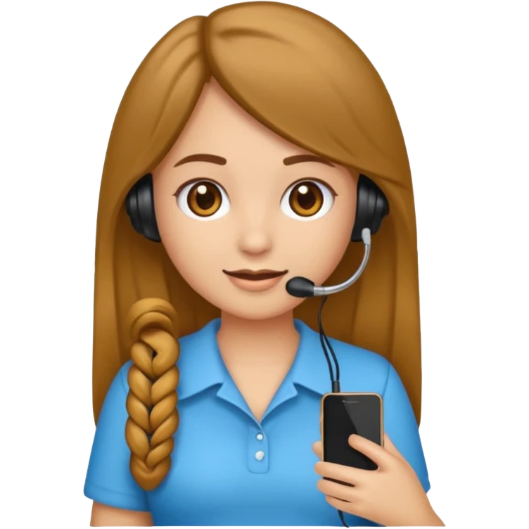 emoji estilo iPhone de uma menina parda mais escura, cabelo enrolado, camisa branca de gola V, sorrindo, com fone de telemarketing emoji