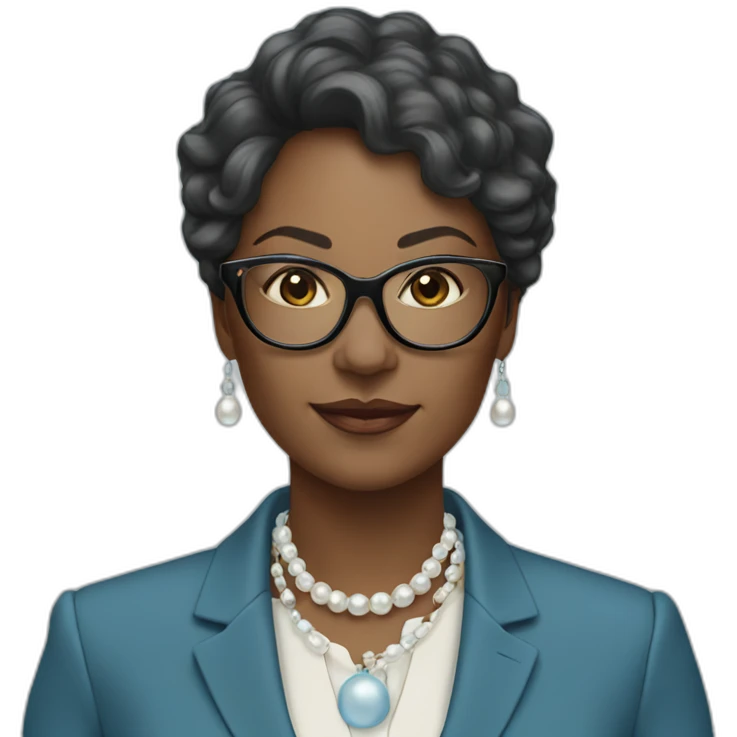 black woman ceo, glasses, skyblue blazer, pearl necklace emoji