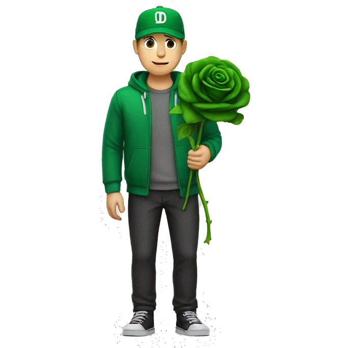 an white man stands still with a "D" written green cap and clothes holds a black rose emoji