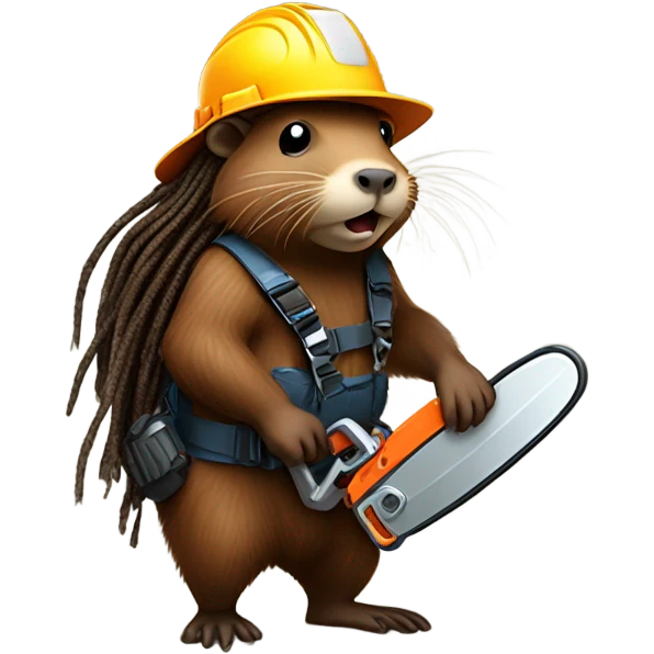 Beaver with dreadlocks in climbing gear with a chainsaw  emoji