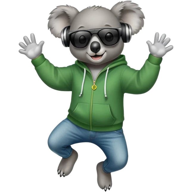 anthropomorphised koala, full body, wearing a hoodie and jeans, dark sunglasses, headphones, dressed for St. Patrick's Day, jumping emoji
