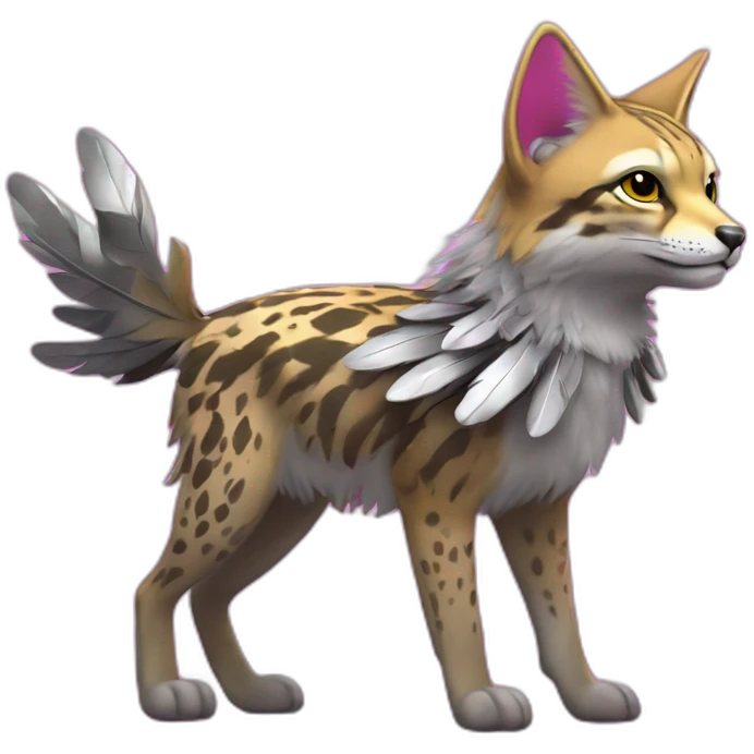 Coyote ocelot standing with grey and black fur and phoenix wings on back and pink ears half skeleton, neon lights emoji