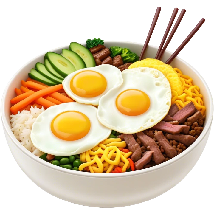 Cinematic Realistic Bibimbap Dish Emoji, showcasing a colorful bowl of mixed rice, assorted vegetables, beef, and a fried egg rendered with lifelike detail and vibrant, harmonious lighting. emoji