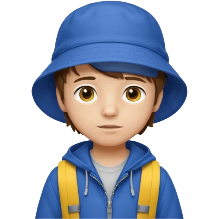 Little student, brown hair boy, wears blue bucket hat and jacket, yellow backpack, shy emoji